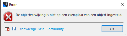 Error message in Dutch indicating a null reference is not set to an instance of an object, with Knowledge Base and Community links.