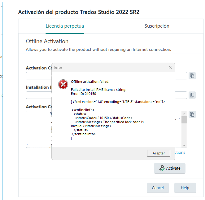 Offline activation failed dialog box for Trados Studio 2022 SR2 showing error 'Failed to install RMS license string. Error ID: 210150' and XML snippet with status code and message 'The specified lock code is invalid.'