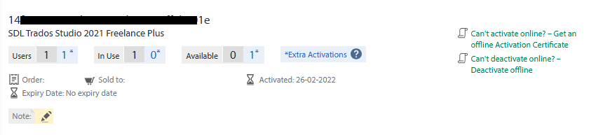 Screenshot of SDL Trados Studio 2021 Freelance Plus license management page showing 1 user, 1 license in use, 0 available, 1 extra activation, and options to get an offline Activation Certificate or deactivate offline.