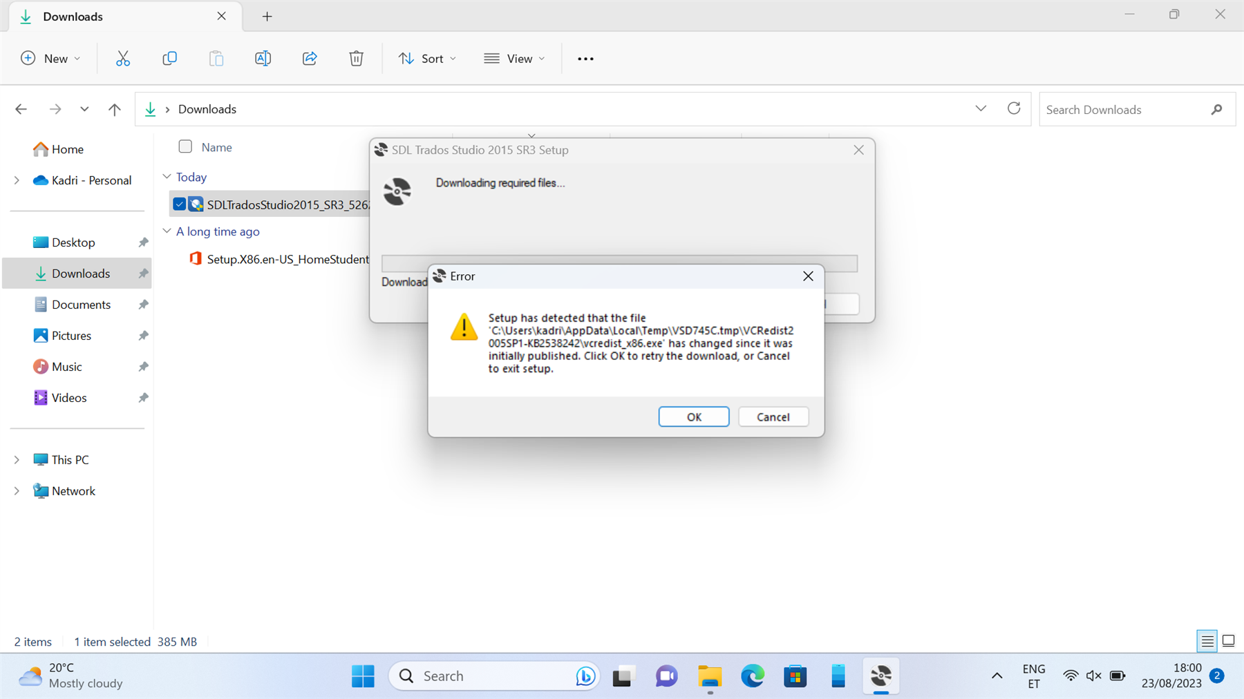 Error message during Trados Studio 2015 installation stating 'Setup has detected that the file VCRedist2 has changed since it was initially published. Click OK to retry the download, or Cancel to exit setup.'