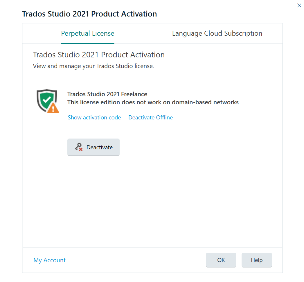 Trados Studio 2021 Product Activation window showing an error message that the Trados Studio 2021 Freelance license edition does not work on domain-based networks.