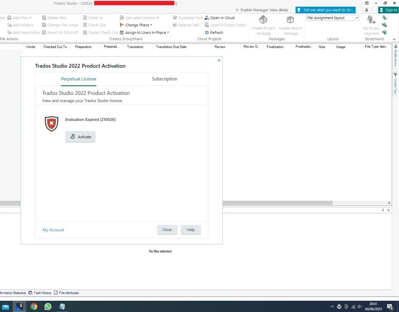 Trados Studio 2022 Product Activation window showing an error message 'Evaluation Expired 210026' with an activate button below it.