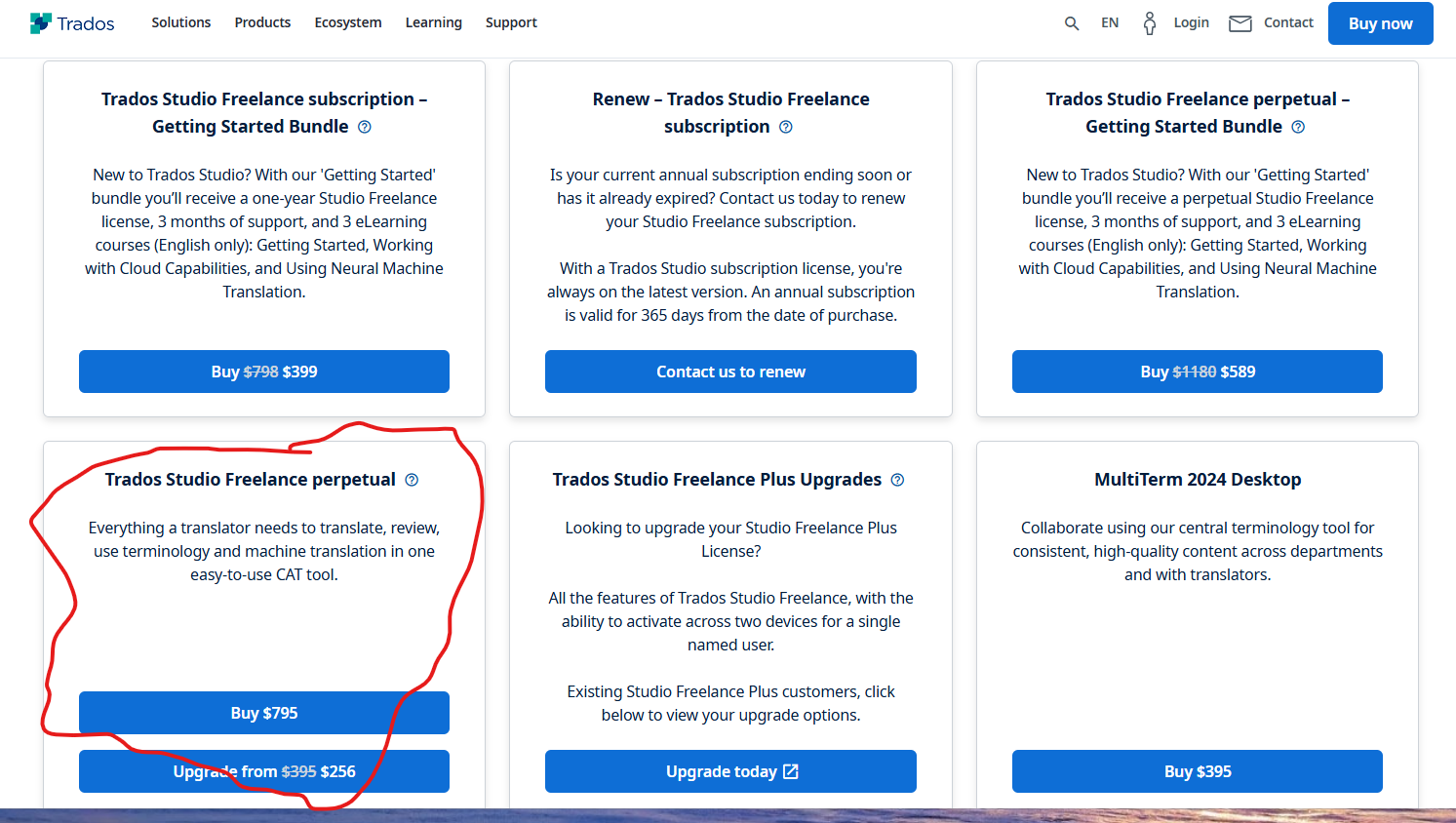 Screenshot of Trados Studio Freelance subscription options showing a 'Getting Started Bundle' with a slashed price from $798 to $399.