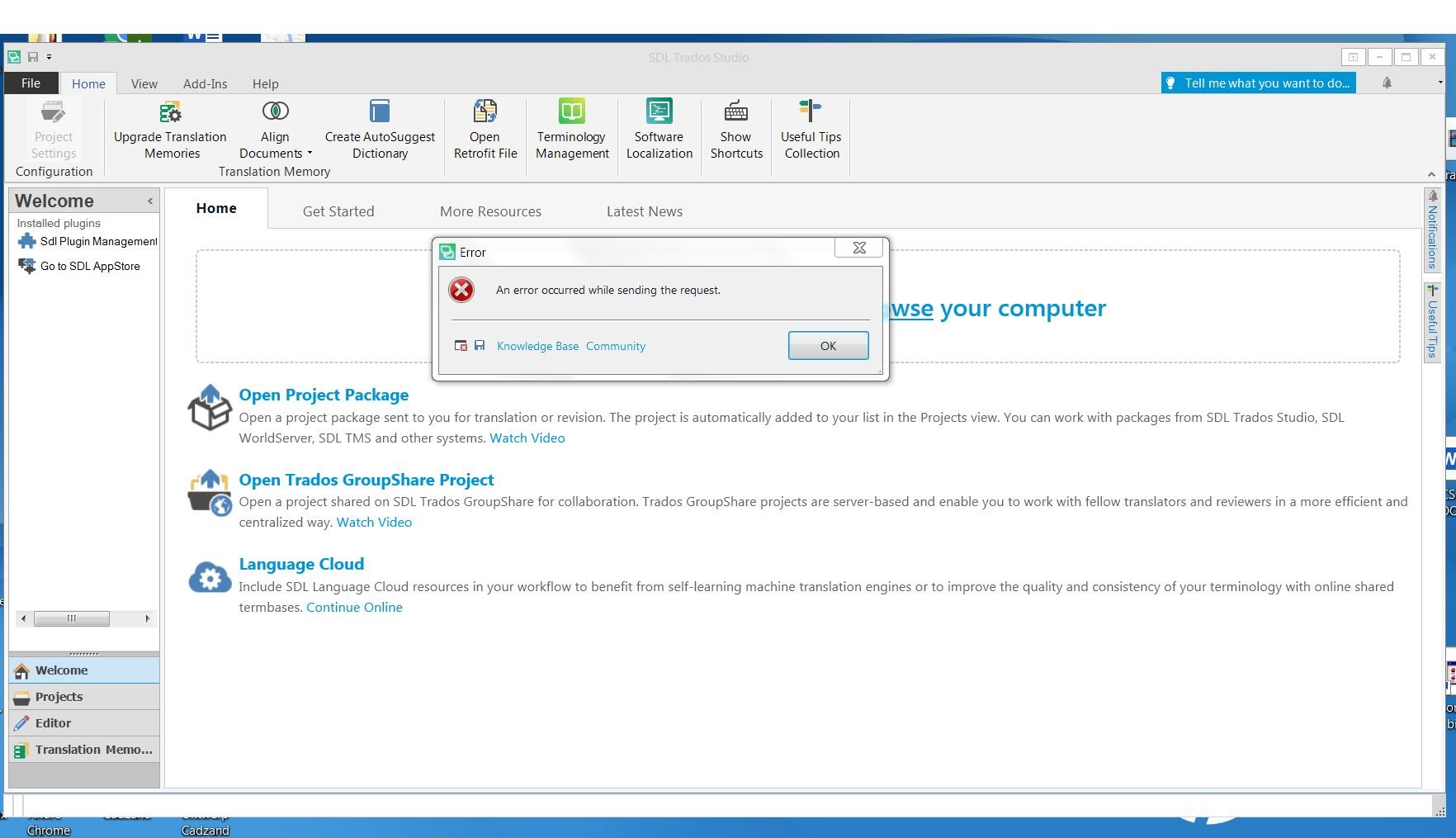 Error message in Trados Studio stating 'An error occurred while sending the request.' with an OK button.