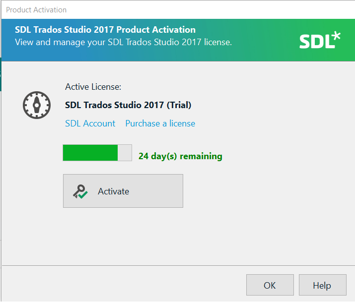 SDL Trados Studio 2017 Product Activation window showing the software is in Trial mode with 24 days remaining and an Activate button.