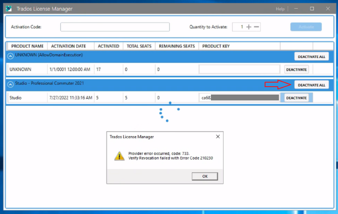 Trados License Manager window showing a list of products with a 'Deactivate All' button highlighted. An error message window is open with the text 'Provider error occurred, code 733. Verify Revocation failed with Error Code 210230'.