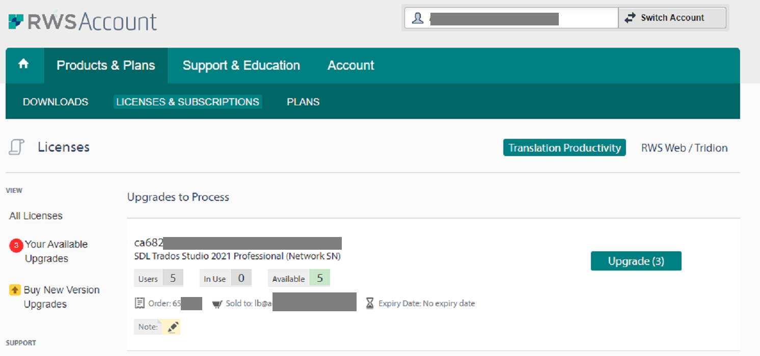 RWS Account page showing 'Your Available Upgrades' with a red notification bubble indicating 3 upgrades. SDL Trados Studio 2021 Professional listed with 5 available licenses and an 'Upgrade (3)' button.