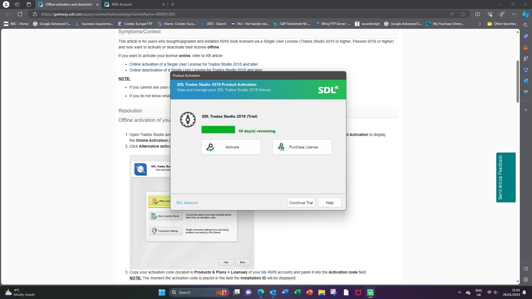 SDL Trados Studio 2019 Product Activation window with options to Activate or Purchase License, and a message showing 30 days trial remaining.