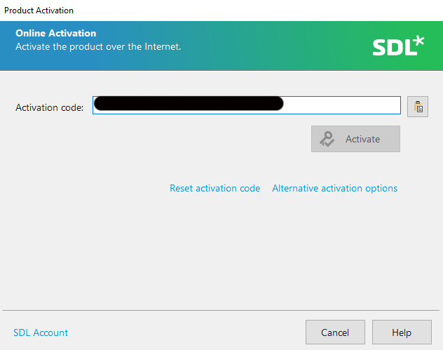 Screenshot of Trados Studio 2019 Product Activation window showing Online Activation section with an empty Activation code field and an Activate button.