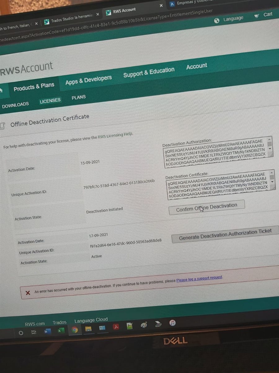 Screenshot of RWS Account page showing Offline Deactivation Certificate section with an error message stating 'An error has occurred with your offline deactivation. If you continue to have problems, please log a support request.'