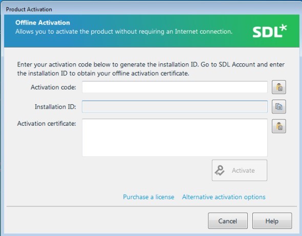 Trados Studio Product Activation window for Offline Activation, with empty fields for Activation code, Installation ID, and Activation certificate. Activate button is visible.