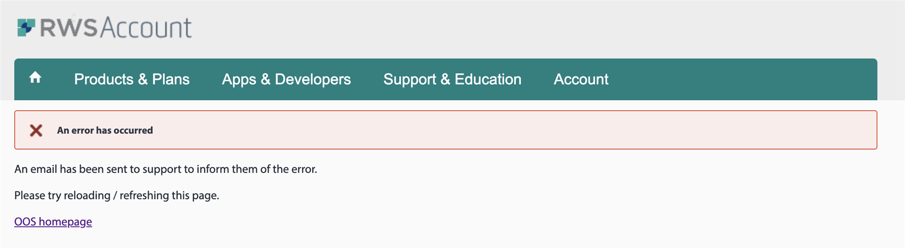 Screenshot of Trados Studio error message stating 'An error has occurred' with a notification that an email has been sent to support and a suggestion to reload the page.