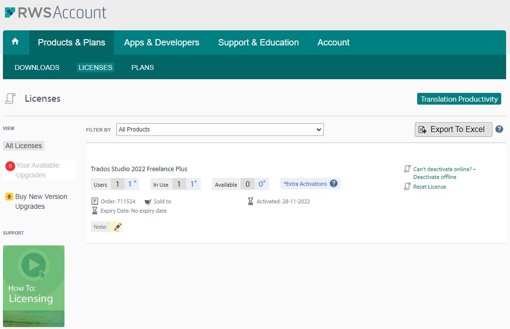 Trados Studio Licenses page showing all licenses in use with an option to 'Deactivate offline' and a warning icon next to 'Trados Studio 2022 Freelance Plus'.