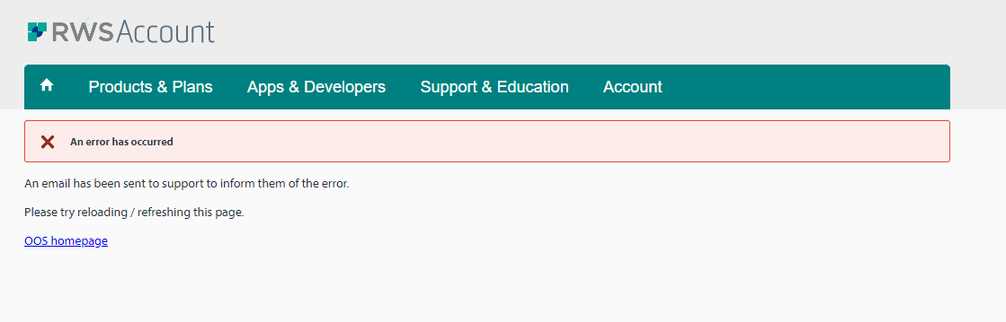 RWS Account webpage with an error message stating 'An error has occurred' and instructions to reload the page and a notification that an email has been sent to support.