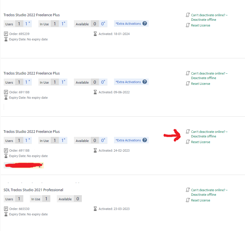 Three Trados Studio 2022 Freelance Plus licenses listed with activation dates, no expiry date, and an option to deactivate offline highlighted by a red arrow for the third license.