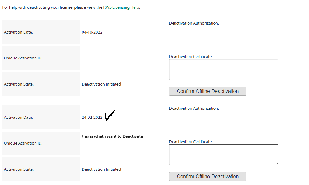 Deactivation page with two entries, the second marked 'this is what i want to Deactivate' with an activation date and a checkbox for 'Deactivation Initiated'.