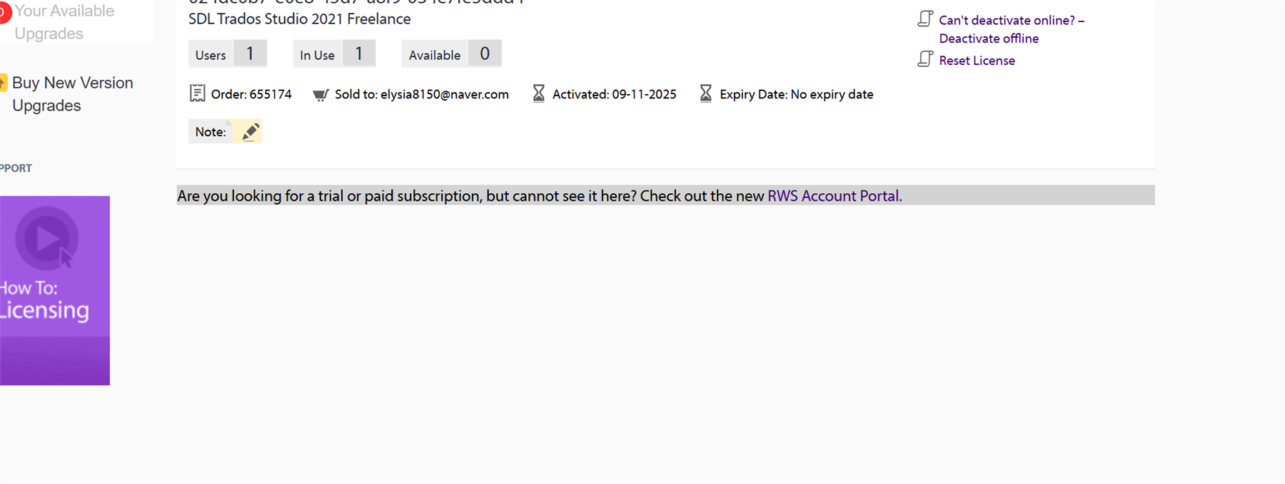 RWS account portal showing license details for SDL Trados Studio 2021 Freelance. It indicates 1 user, 1 license in use, 0 available, and an activation date of 09-11-2025 with no expiry date.
