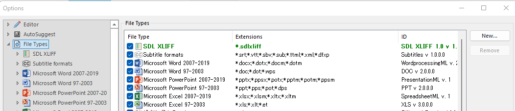 Screenshot of Trados Studio 2022 options screen displaying a list of file types including 'Subtitle formats' with extensions such as .srt, .vtt, .sbv, .sub, .ttml, .xml, .dfxp.