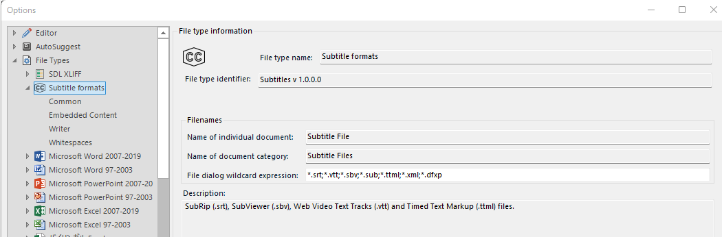 Screenshot of Trados Studio 2022 options screen showing 'Subtitle formats' under 'File Types' with file type name and identifier, supporting .srt format.