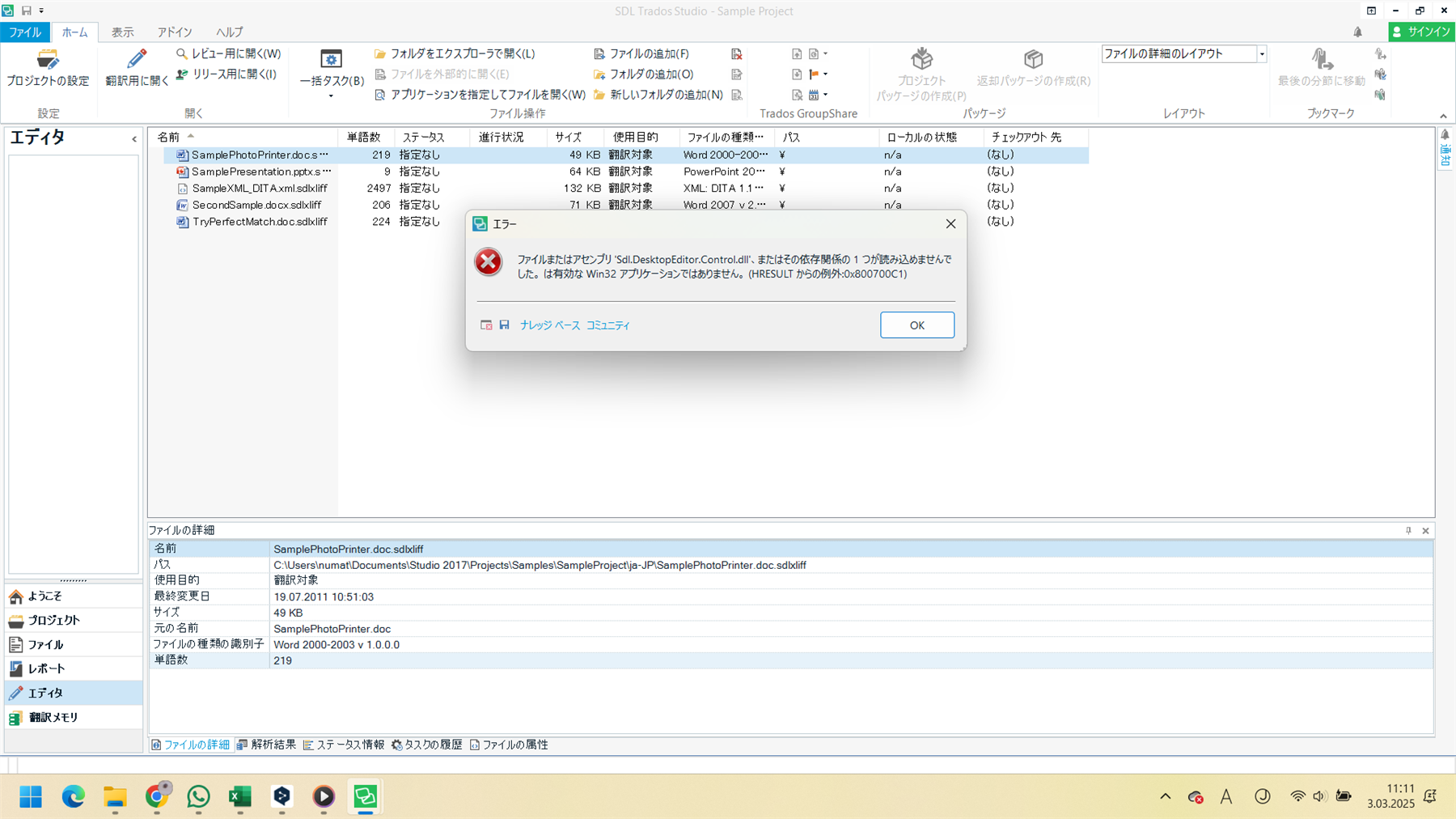 Error message in SDL Trados Studio software with a file path and an error code, indicating a problem with 'Sdl.DesktopEditor.Control.dll'.