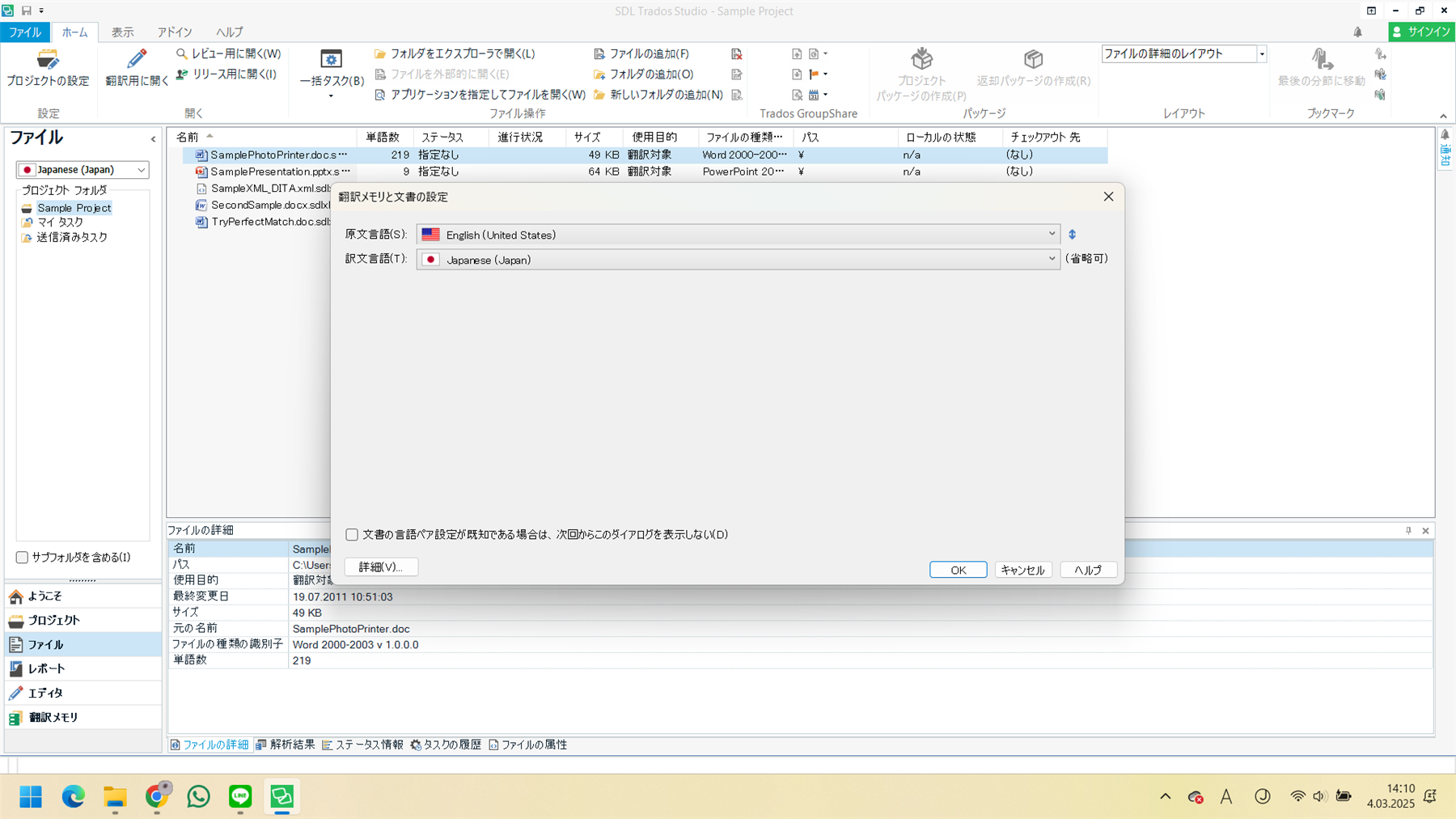 SDL Trados Studio 'Translation Memory and Document Setting' pane with a message about a file that cannot be opened, suggesting an issue with the file format or location.
