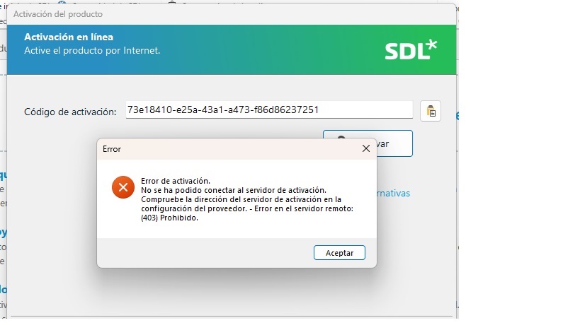 Activation window with an error message in Spanish stating 'Error de activaci n' and 'Error en el servidor remoto: (403) Prohibido' during online activation.