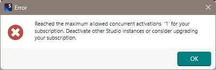 Error dialog box from Trados Studio 2022 displaying message: Reached the maximum allowed concurrent activations '1' for your subscription. Deactivate other Studio instances or consider upgrading your subscription.