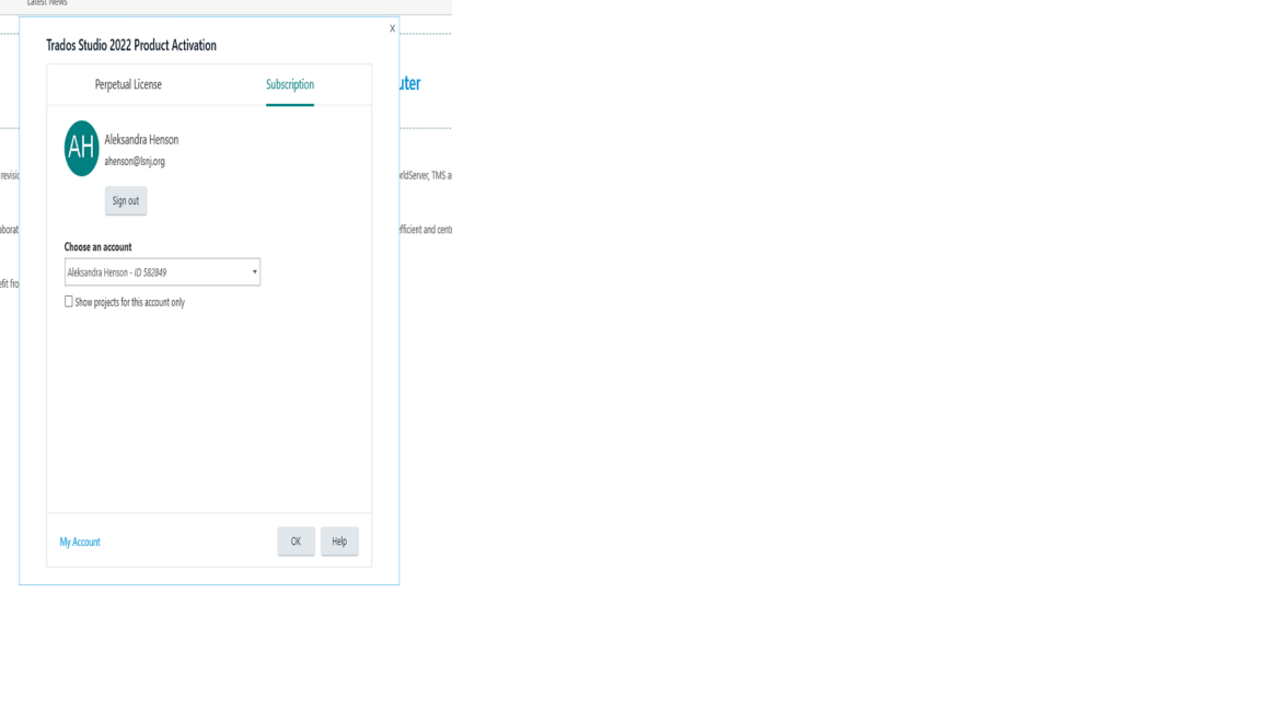 Trados Studio 2022 Product Activation window for Aleksandra Henson with no subscription details visible, only a perpetual license tab.