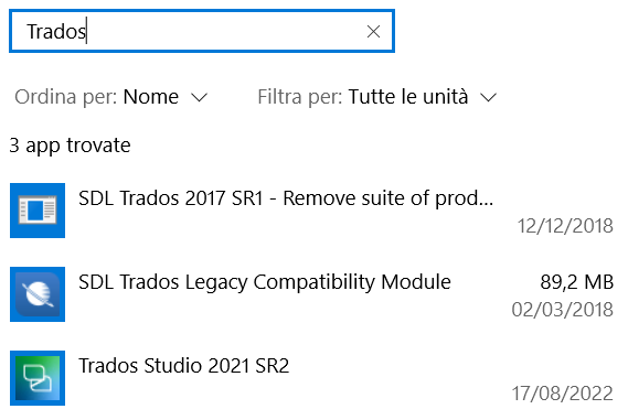 Search bar with 'Trados' typed in. Below are three listed applications: 'SDL Trados 2017 SR1 - Remove suite of prod...' with a date of 12122018, 'SDL Trados Legacy Compatibility Module' with a date of 02032018, and 'Trados Studio 2021 SR2' with a date of 17082022.