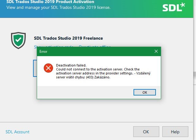 Screenshot of SDL Trados Studio 2019 Product Activation window showing an error message 'Deactivation failed. Could not connect to the activation server. Check the activation server address in the provider settings.' with an error code (403) Forbidden.