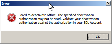 Error message stating 'Failed to deactivate offline. The specified deactivation authorization may not be valid. Validate your deactivation authorization against the authorization in your SDL Account.'