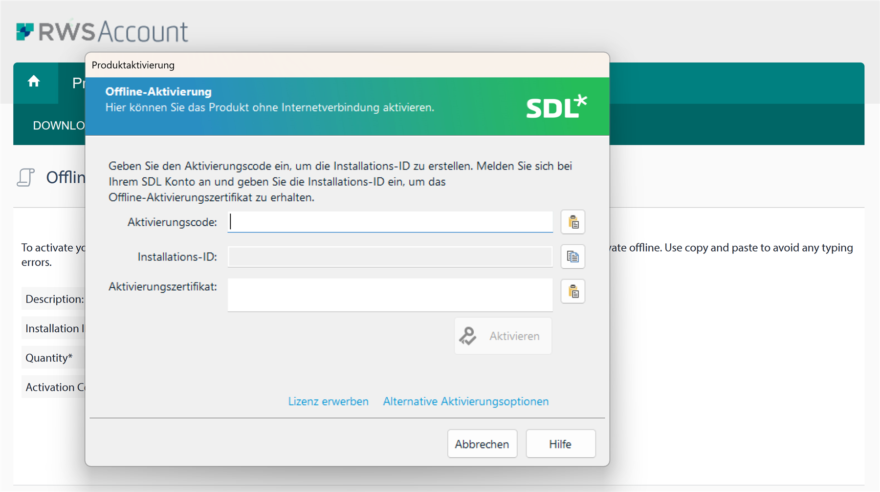 Screenshot of Trados Studio's offline activation window with empty and greyed out Installation ID field, and non-functional 'copy to clipboard' button.
