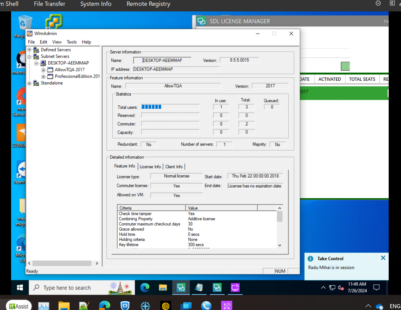 Screenshot of SDL License Manager showing server information for DESKTOP-AEEMMAP with version 8.5.5.015. Feature information for SDL Trados 2017 indicates 1 of 3 total seats in use. License has no expiration date.