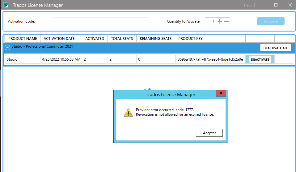 Trados License Manager window showing a product named 'Studio - Professional Commuter 2021' activated on 4252022 with 2 total seats and 0 remaining seats. A 'DEACTIVATE' button is visible next to the product key.