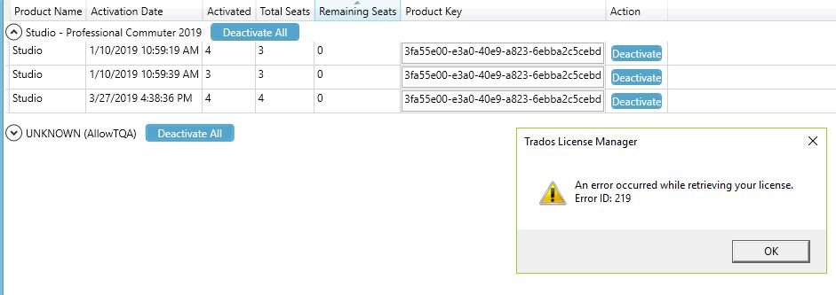 Screenshot of a licensing and installation program showing a list of products with activation dates, activated seats, total seats, remaining seats, and product keys. A 'Deactivate All' button is visible next to 'Studio - Professional Commuter 2019'. Below is an error message dialog from Trados License Manager stating 'An error occurred while retrieving your license. Error ID: 219' with an OK button.