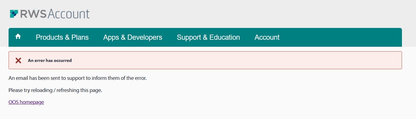 RWS Account webpage with a red error message banner stating 'An error has occurred' and instructions to reload the page or contact support.