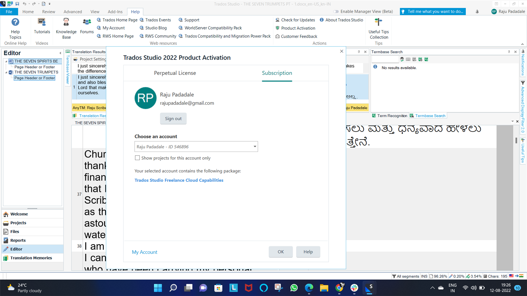 Trados Studio activation window showing user Raju Padadale signed in with a perpetual license and Freelance Cloud Capabilities package.