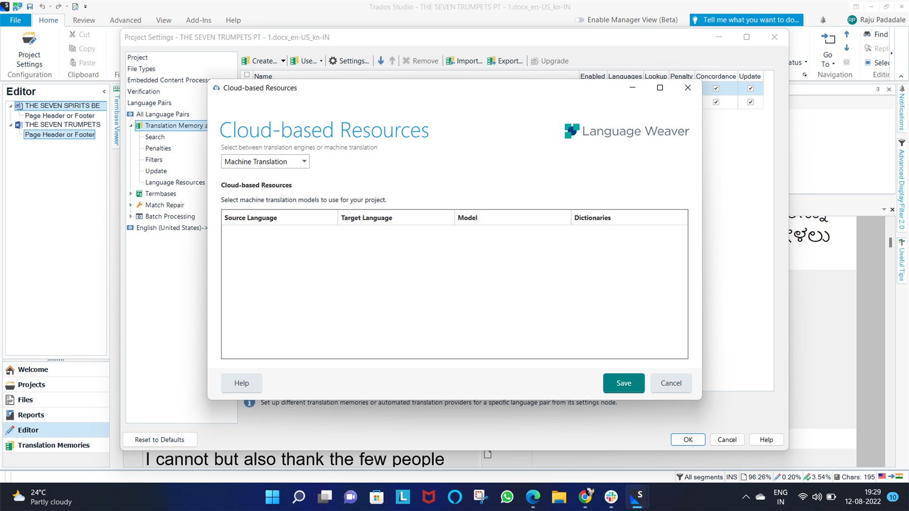 Trados Studio editor interface with a document open, showing English text and a term recognition search with no results in Kannada language.