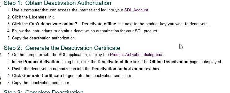 Screenshot of deactivation instructions for SDL Trados showing steps to obtain deactivation authorization and generate deactivation certificate.