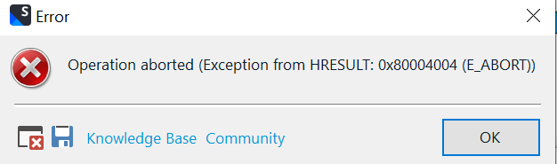 Error message stating operation aborted with an Exception code, with Knowledge Base and Community links and an OK button.