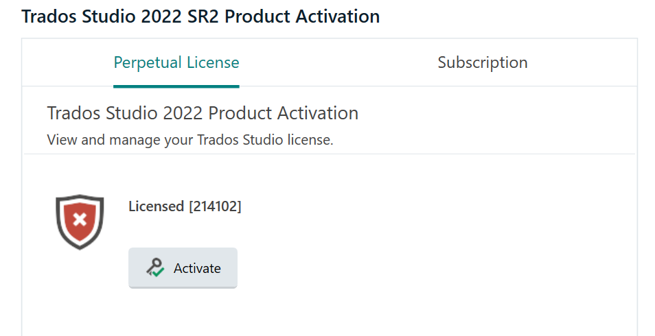 Trados Studio 2022 SR2 Product Activation screen showing a Perpetual License section with a red cross icon and an Activate button.
