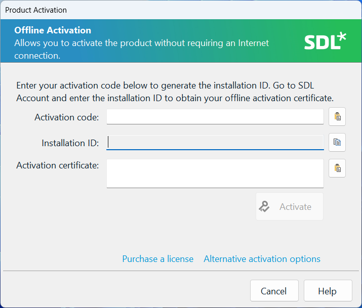Trados Studio product activation window for offline activation with empty fields for activation code, installation ID, and activation certificate. Activate button is visible.