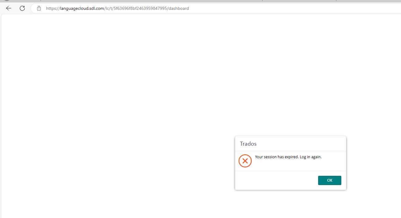Screenshot of a web page with a Trados pop-up message stating 'Your session has expired. Log in again.' with an OK button.