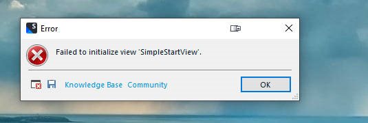 Error message window from Trados Studio stating 'Failed to initialize view 'SimpleStartView'.