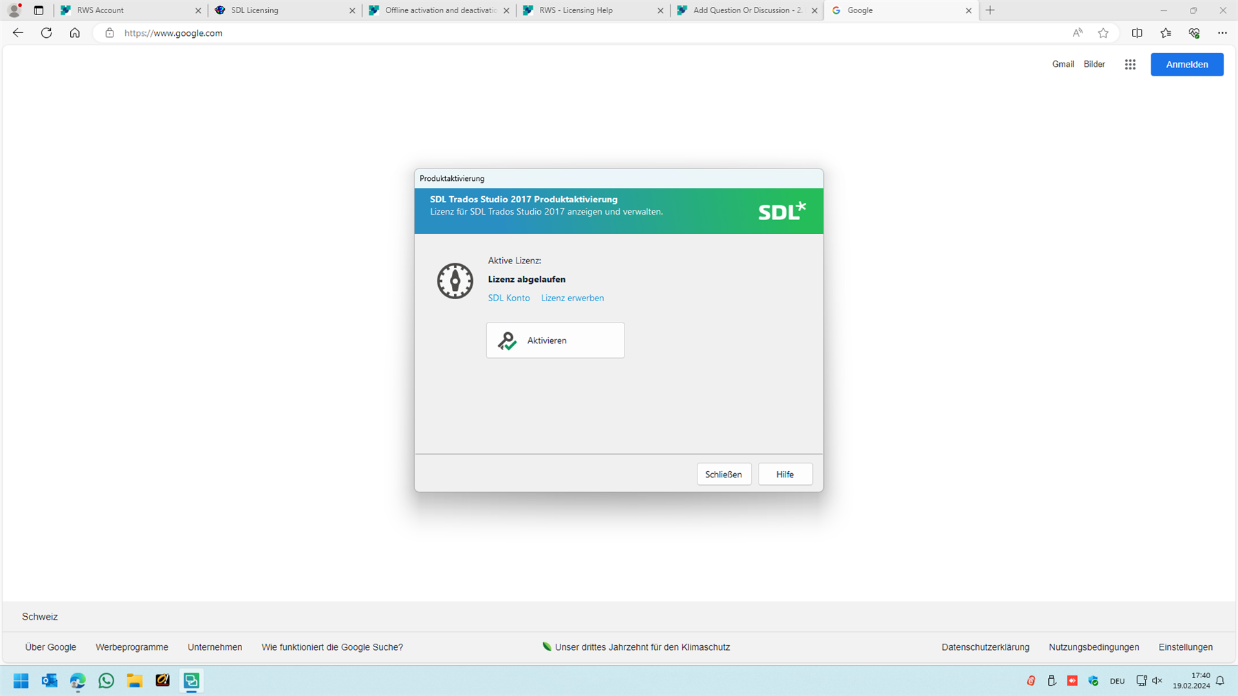 Screenshot of Trados Studio 2017 Product Activation dialog box showing an expired license error with options to view SDL account or purchase a license.