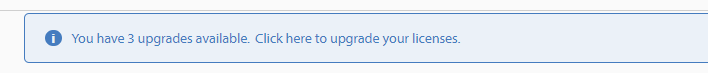 Notification bar in Trados Studio indicating 'You have 3 upgrades available. Click here to upgrade your licenses.'