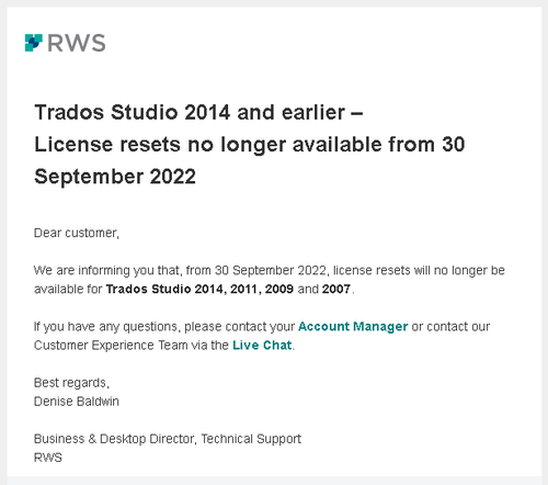 RWS announcement stating Trados Studio 2014 and earlier license resets will not be available after 30 September 2022.