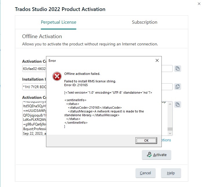 Trados Studio 2022 Product Activation window showing an error message for offline activation failure with Error ID: 210165 and a message about a network request to the standalone library.