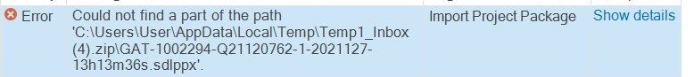 Error message in Trados Studio indicating 'Could not find a part of the path' with a file directory ending in '.sdlppx'.