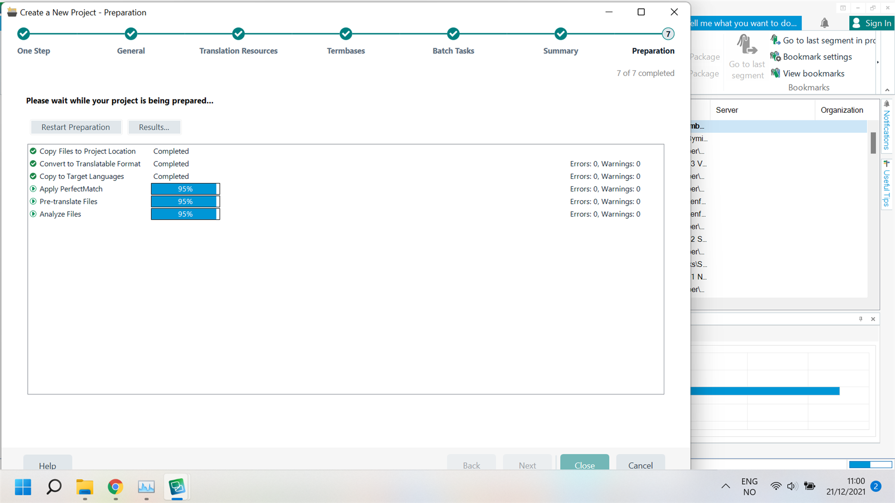 Trados Studio screenshot showing the Create a New Project - Preparation window with tasks stuck at 95% completion and an unresponsive Cancel button.